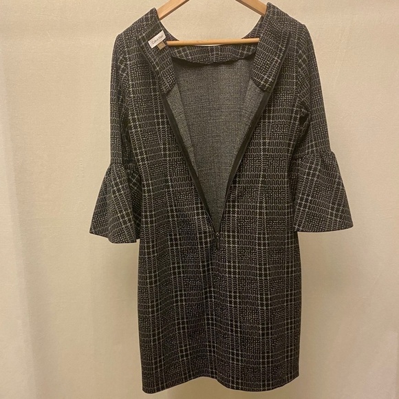 Calvin Klein 8 Bell Sleeve Shift Dress Tweed Black Gray Stretch Plaid Sheath - Picture 6 of 12